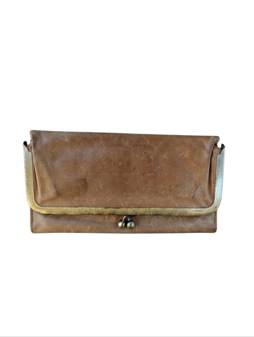 HOBO Distressed Tan Leather Clutch with Aqua Blue Paisley Lining And Kisslock